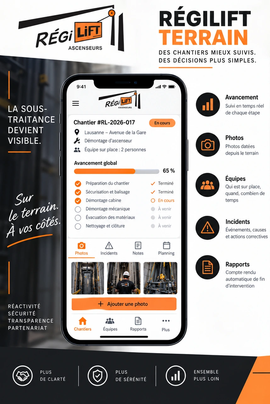 Régilift Terrain sur smartphone : avancement, photos, équipes, incidents et rapports